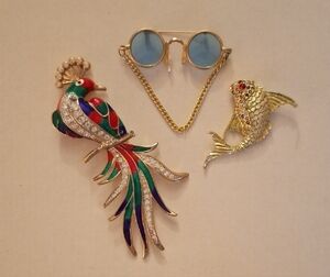 Colorful Bird and Fish Brooch Set with Glasses Pin